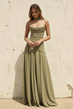 Scoop Neck Corset Gown with Scarf in Olive - SHE IS ME