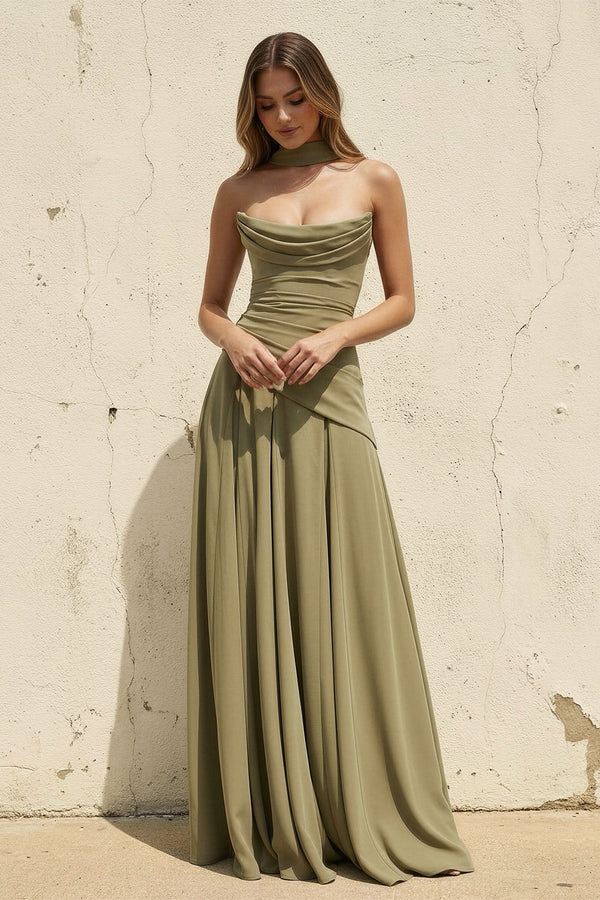 Scoop Neck Corset Gown with Scarf in Olive - SHE IS ME