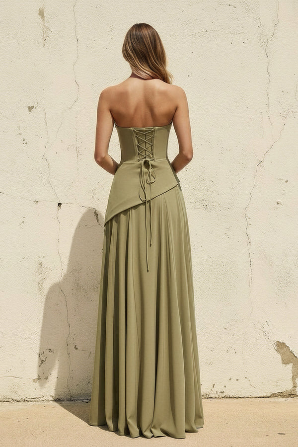 Scoop Neck Corset Gown with Scarf in Olive - SHE IS ME