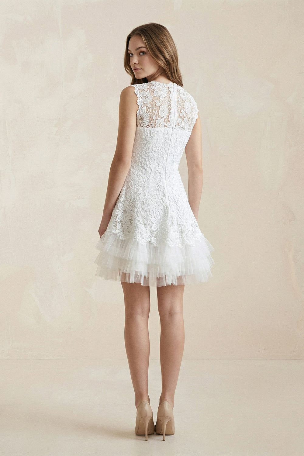 Scoop Neck Lace A - Line Mini Wedding Dress in White - SHE IS ME Wedding Dresses
