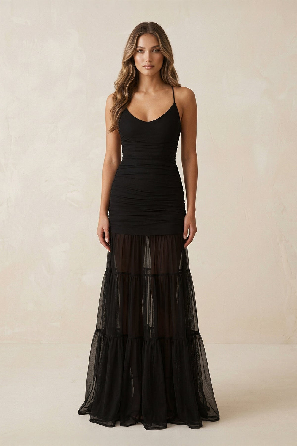 Scoop Neck Mermaid Tulle Ruched Lace - up Wedding Dress in Black - SHE IS ME Wedding Dresses