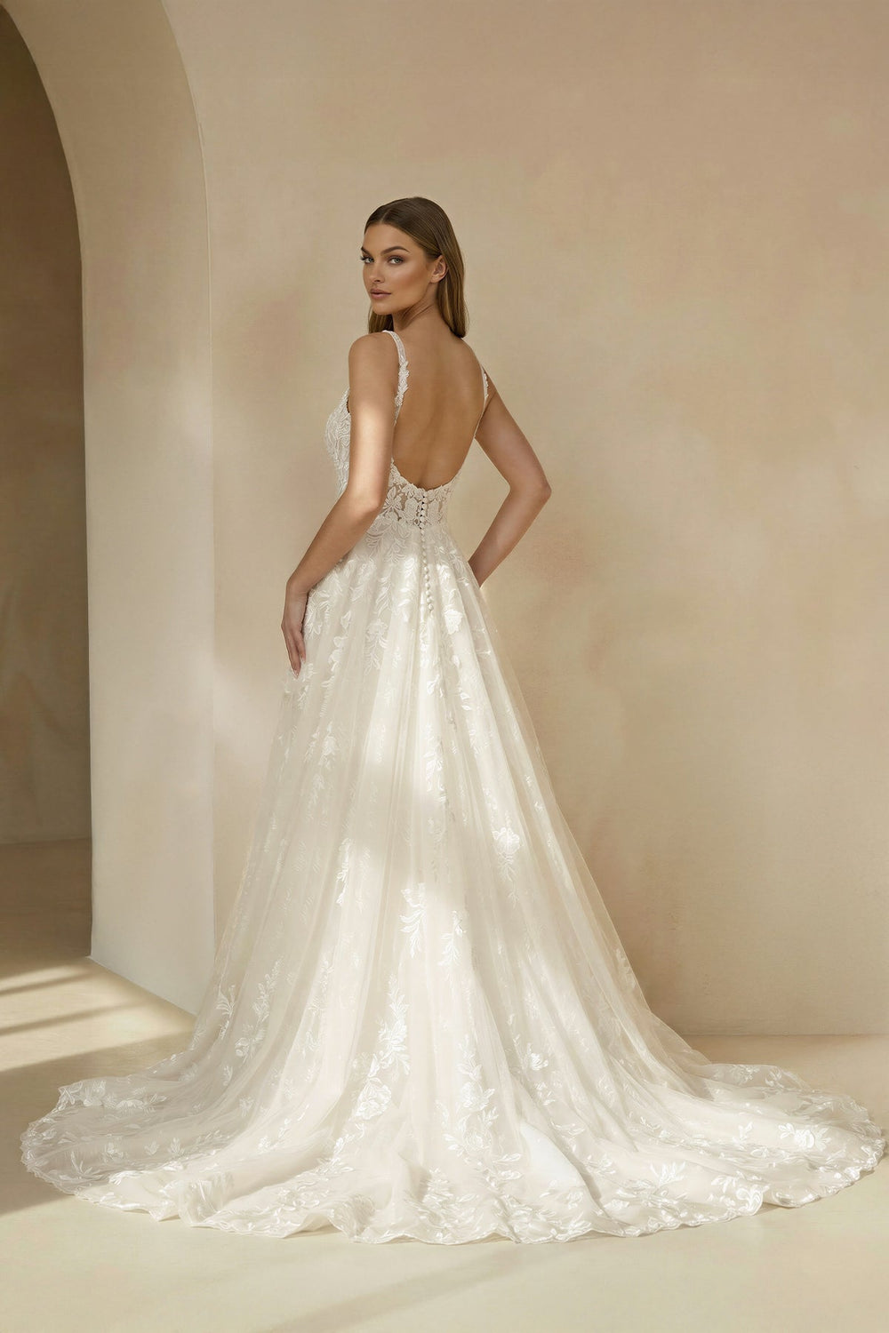 Scoop Neck Open Back Lace Wedding Dress in Ivory - SHE IS ME Wedding Dresses