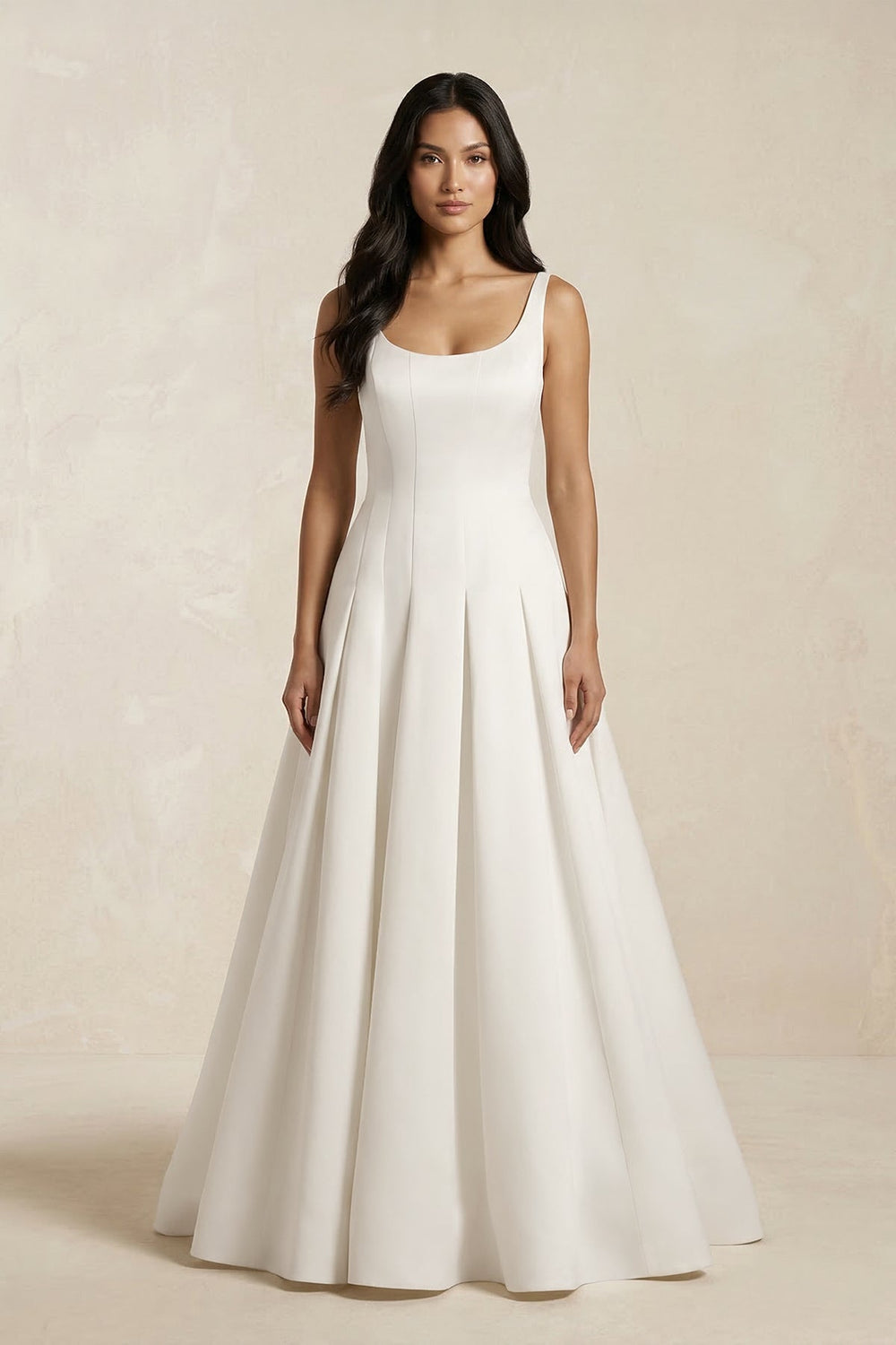 Scoop Neck Satin A - Line Pleated Wedding Dress in Ivory - SHE IS ME Wedding Dresses