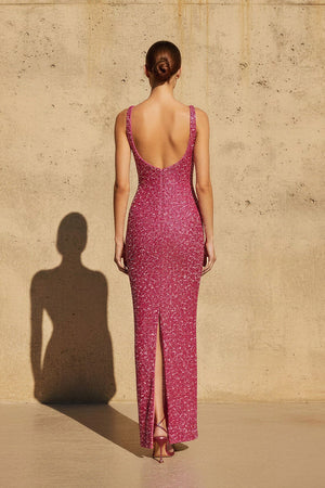 Scoop Neck Sequins Maxi Dress in Fuchsia - SHE IS ME