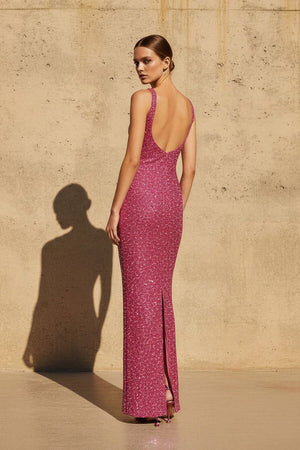 Scoop Neck Sequins Maxi Dress in Fuchsia - SHE IS ME