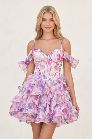 Seliora | Purple - A Line Off the Shoulder Floral Ruffles Short Homecoming Dresses