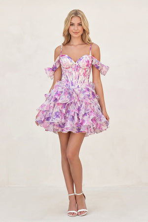 Seliora | Purple - A Line Off the Shoulder Floral Ruffles Short Homecoming Dresses