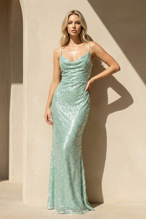 Sequins Cowl Neck Maxi Dress in Mint Green - SHE IS ME
