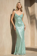 Sequins Cowl Neck Maxi Dress in Mint Green - SHE IS ME