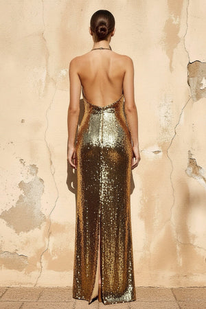 Sequins Halter Backless Maxi Dress in Gold - SHE IS ME