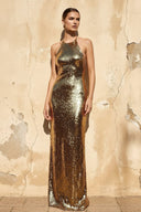 Sequins Halter Backless Maxi Dress in Gold - SHE IS ME PROM DRESSES