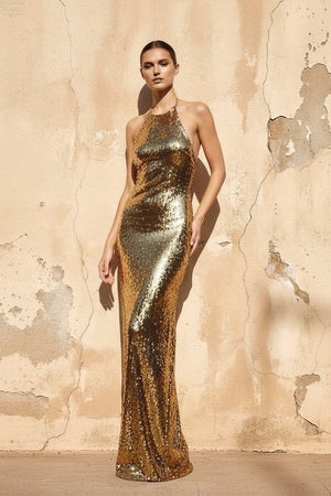 Sequins Halter Backless Maxi Dress in Gold - SHE IS ME
