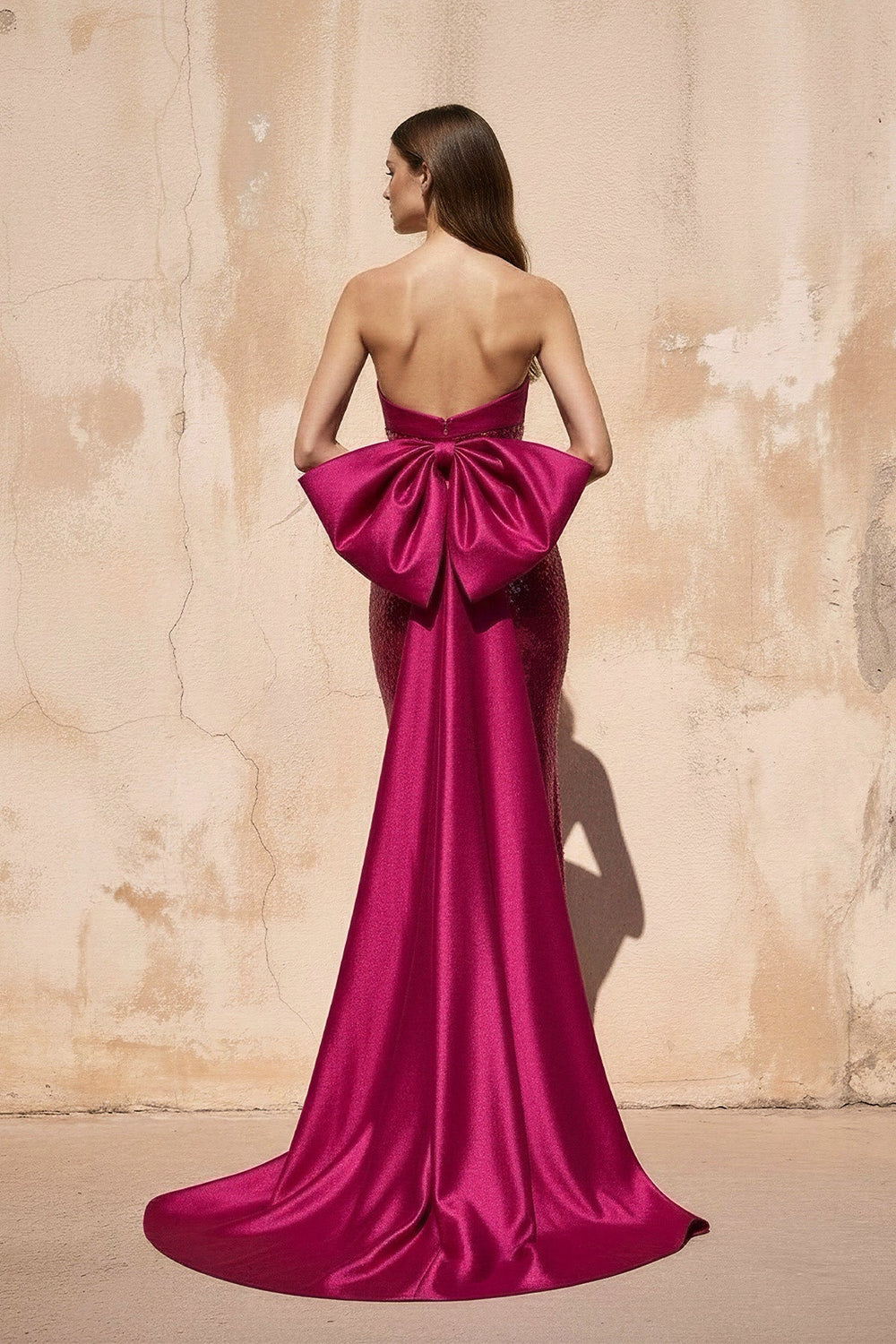 Sequins Mermaid Gown With Bow in Fuchsia - SHE IS ME