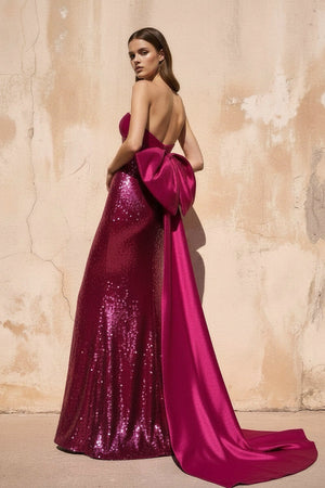 Sequins Mermaid Gown With Bow in Fuchsia - SHE IS ME