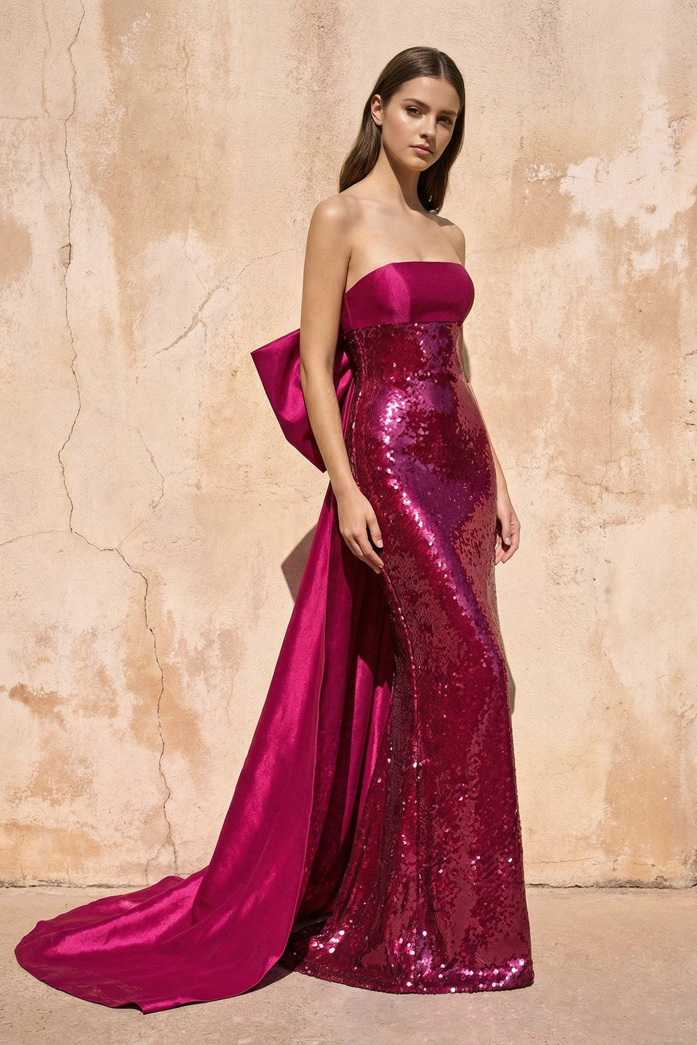 Sequins Mermaid Gown With Bow in Fuchsia - SHE IS ME