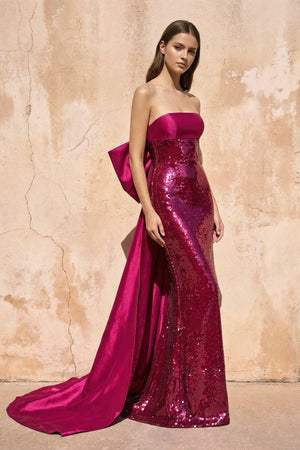 Sequins Mermaid Gown With Bow in Fuchsia - SHE IS ME