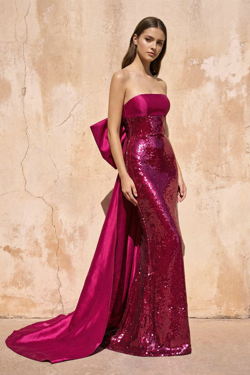 Sequins Mermaid Gown With Bow in Fuchsia - SHE IS ME