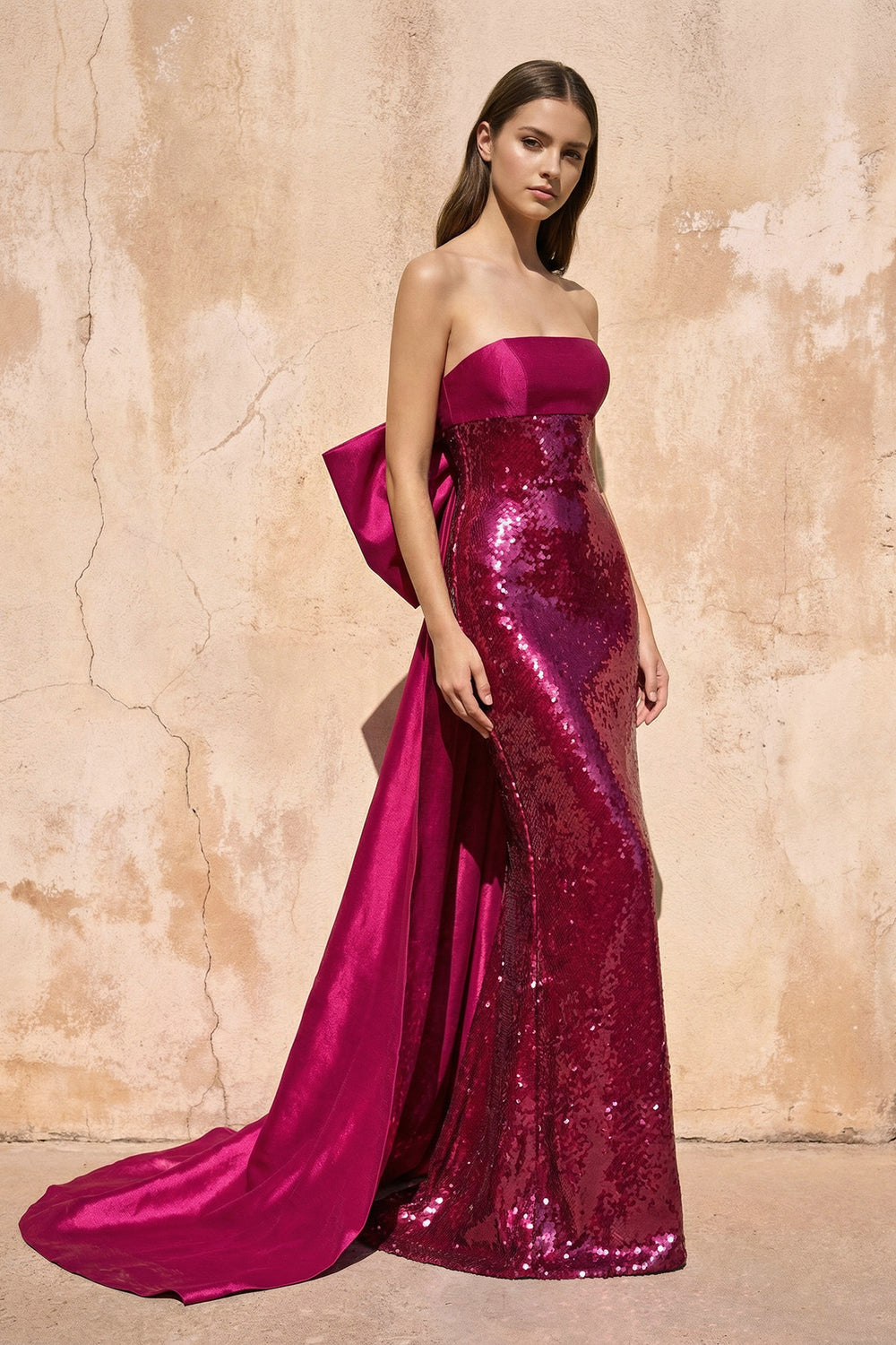 Sheisme-Fuchsia Strapless Sequin Mermaid Maxi Bowknot Evening Formal Dress