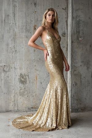 Sequins Mermaid Maxi Dress in Gold - SHE IS ME