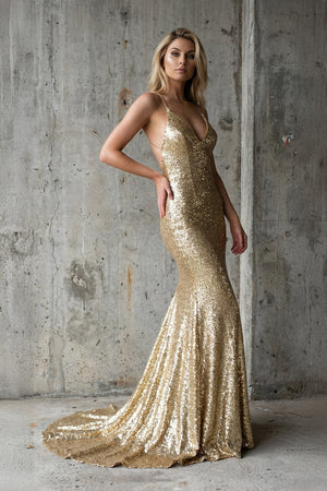 Sheisme-Gold Sequin V-Neck Backless Mermaid Maxi Dress Formal Evening Dress