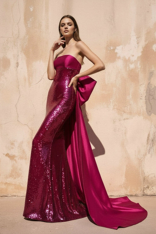 Sequins Mermaid Prom Dress with Bow in Fuchsia - SHE IS ME PROM DRESSES