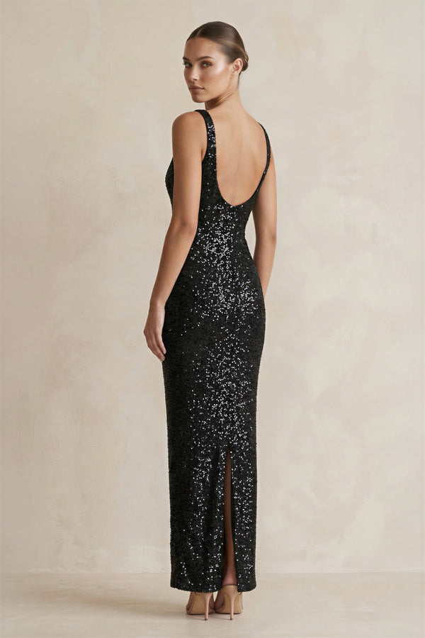 Sequins Scoop Neck Maxi Dress in Black - SHE IS ME PROM DRESSES