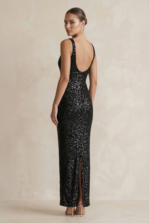 Sequins Scoop Neck Maxi Dress in Black - SHE IS ME PROM DRESSES