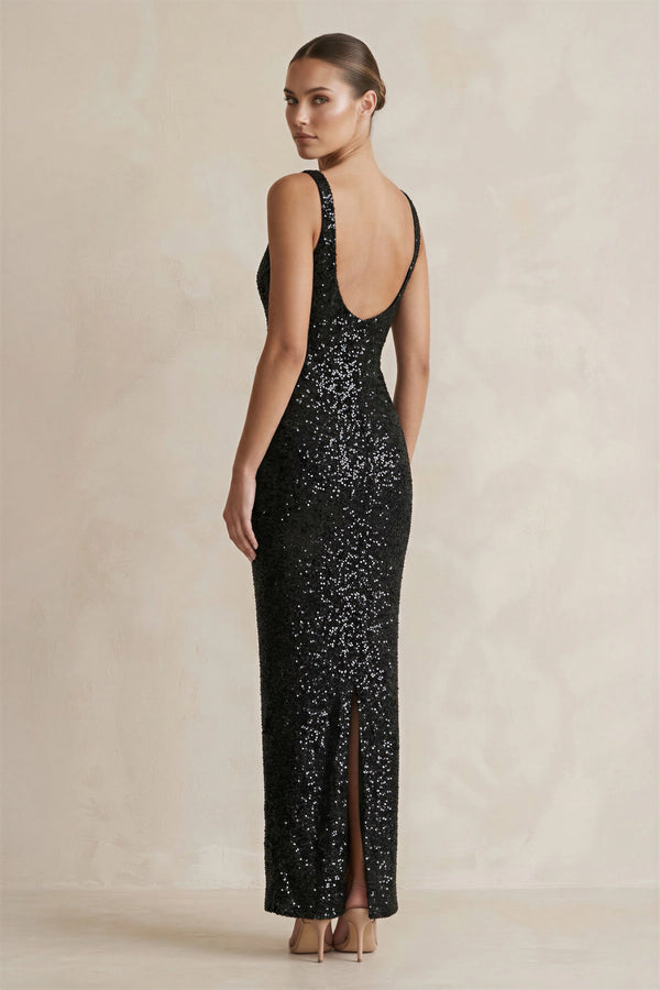 Sequins Scoop Neck Maxi Dress in Black - SHE IS ME PROM DRESSES