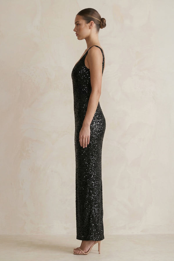 Sequins Scoop Neck Maxi Dress in Black - SHE IS ME PROM DRESSES