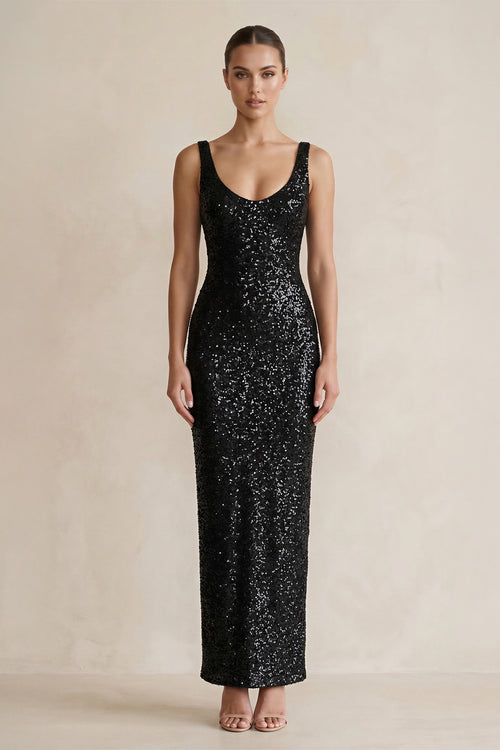 Sequins Scoop Neck Maxi Dress in Black
