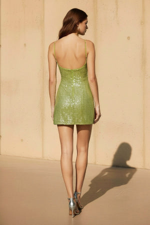 Sequins Spaghetti Straps Mini Dress in Sage - SHE IS ME