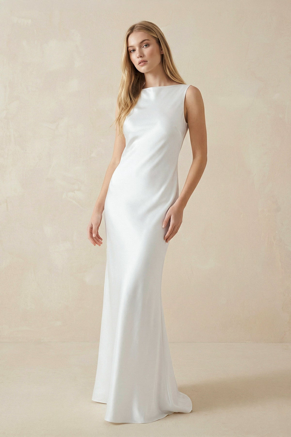Sheath Bateau Neck Backless Silk Satin Wedding Dress - SHE IS ME Wedding Dresses