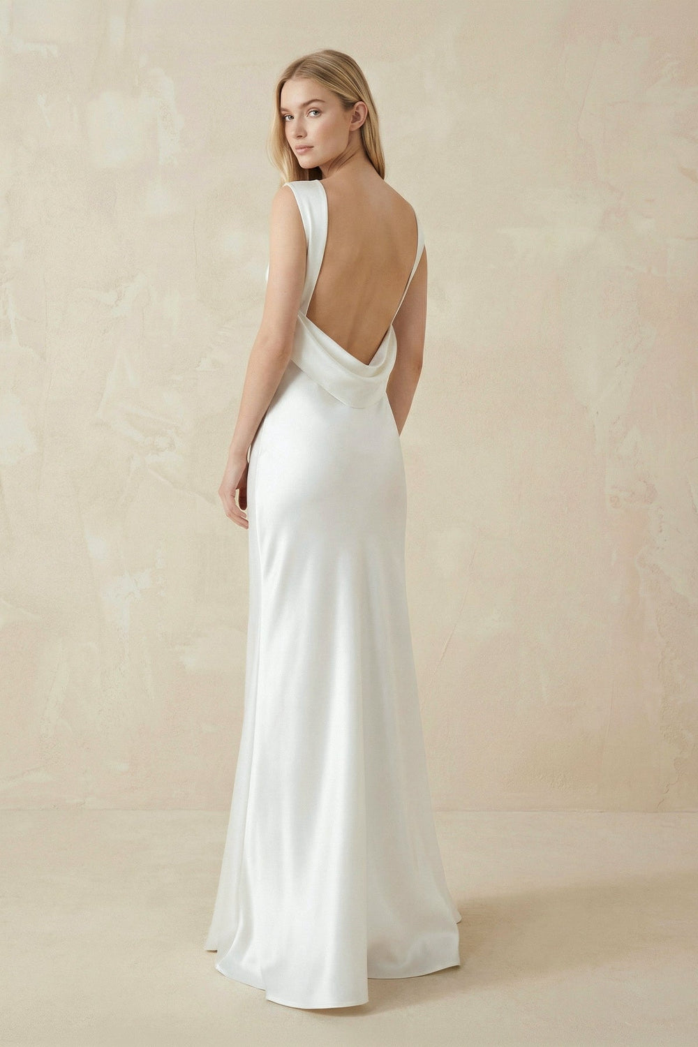Sheath Bateau Neck Backless Silk Satin Wedding Dress - SHE IS ME Wedding Dresses