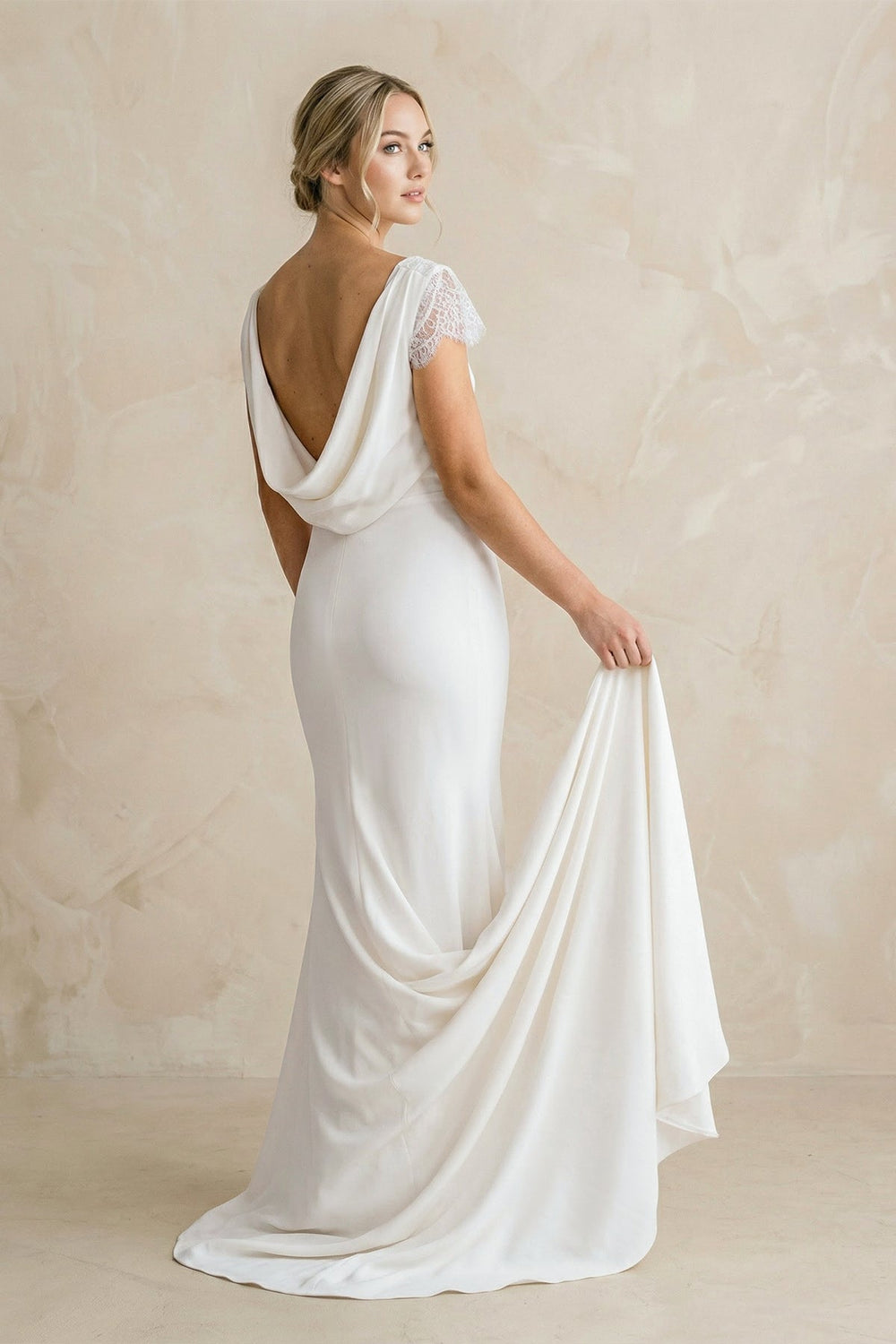 Sheath Bateau Neck Cap Sleeve Ivory Satin Wedding Dress - SHE IS ME Wedding Dresses
