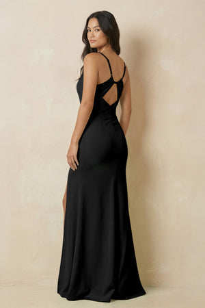 Sheath Cami Strap Chiffon Bridesmaid Dress with Slit in Black - SHE IS ME Bridesmaid Dresses