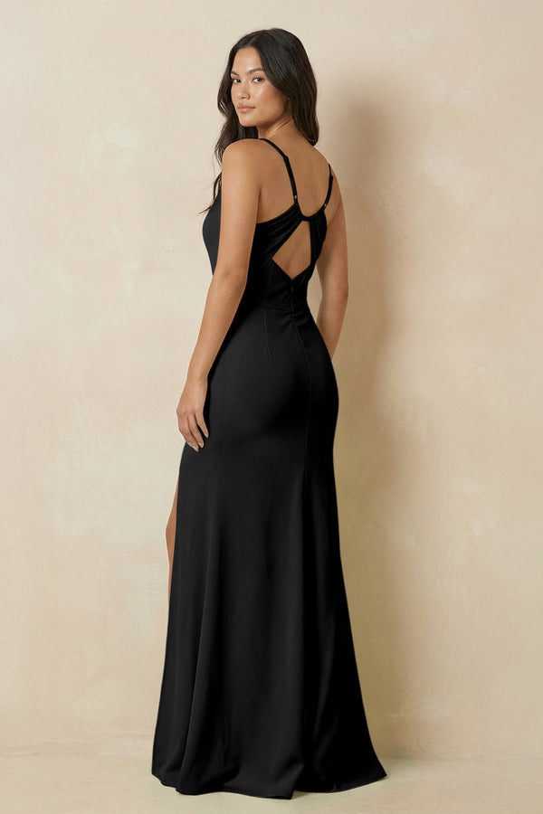 Sheath Cami Strap Chiffon Bridesmaid Dress with Slit in Black - SHE IS ME Bridesmaid Dresses