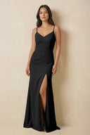 Sheath Cami Strap Chiffon Bridesmaid Dress with Slit in Black - SHE IS ME Bridesmaid Dresses