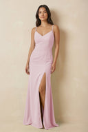 Sheath Cami Strap Chiffon Bridesmaid Dress with Slit in Candy Pink - SHE IS ME Bridesmaid Dresses