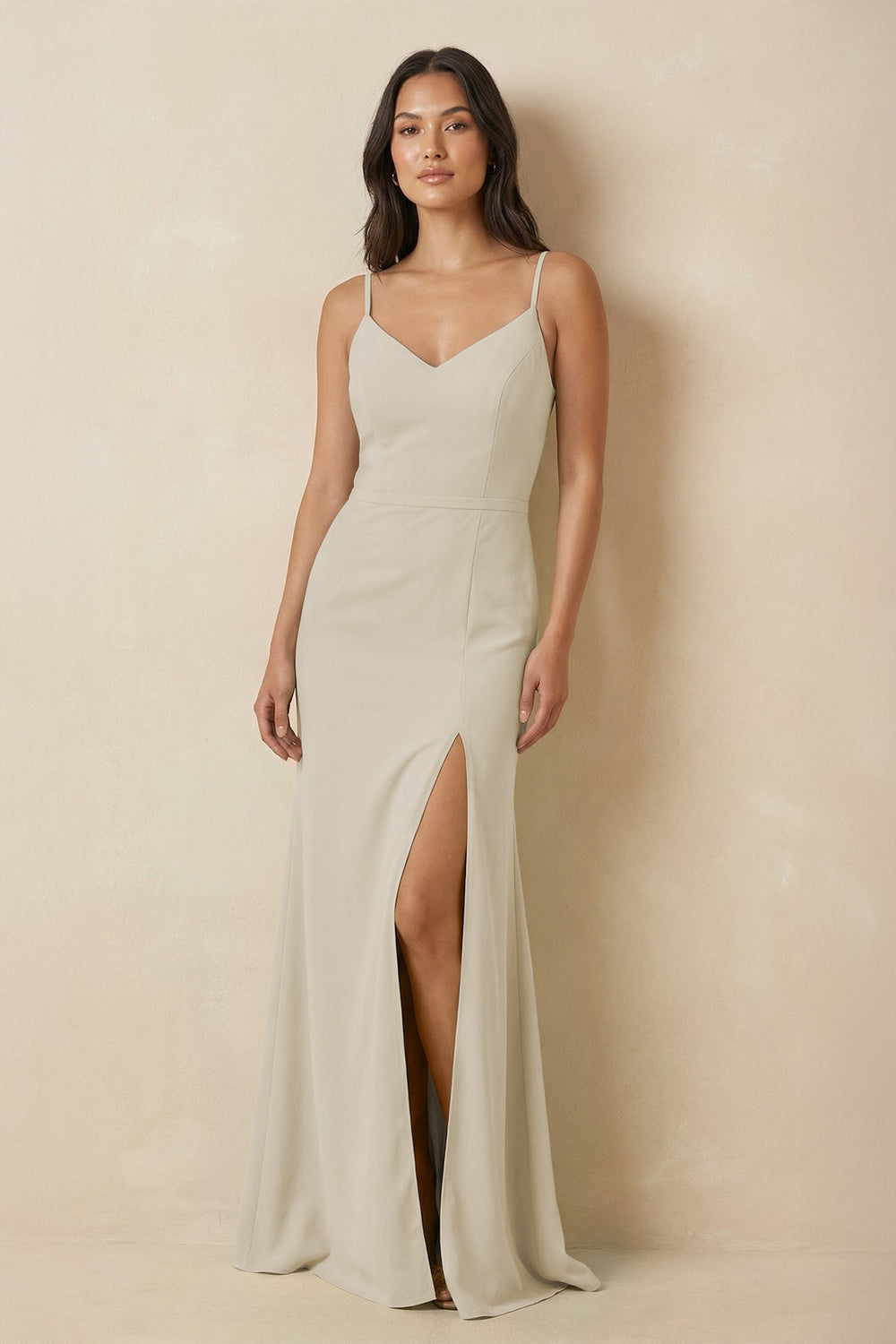 Sheath Cami Strap Chiffon Bridesmaid Dress with Slit in Dove Gray - SHE IS ME Bridesmaid Dresses