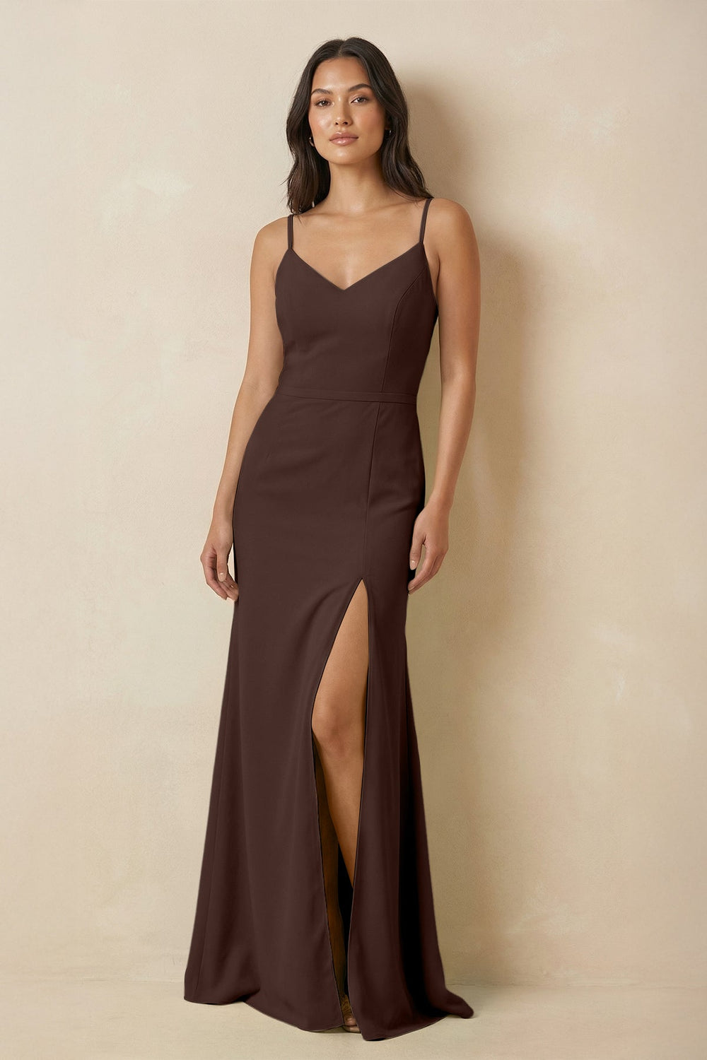 Sheath Cami Strap Chiffon Bridesmaid Dress with Slit in Espresso - SHE IS ME Bridesmaid Dresses