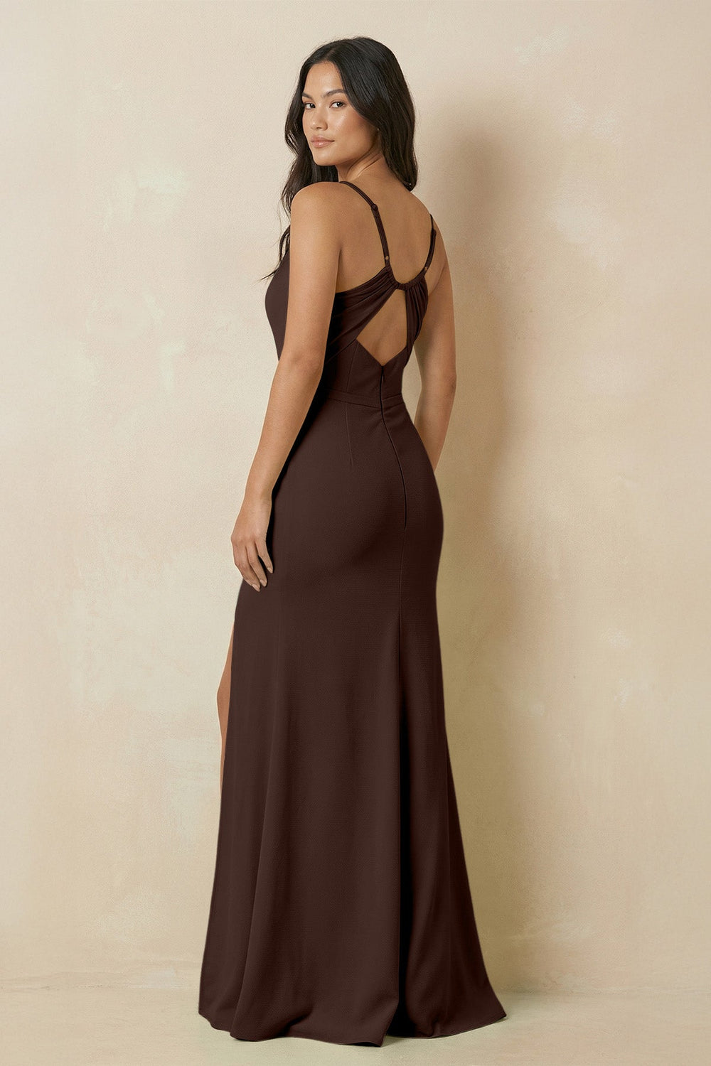 Sheath Cami Strap Chiffon Bridesmaid Dress with Slit in Espresso - SHE IS ME Bridesmaid Dresses