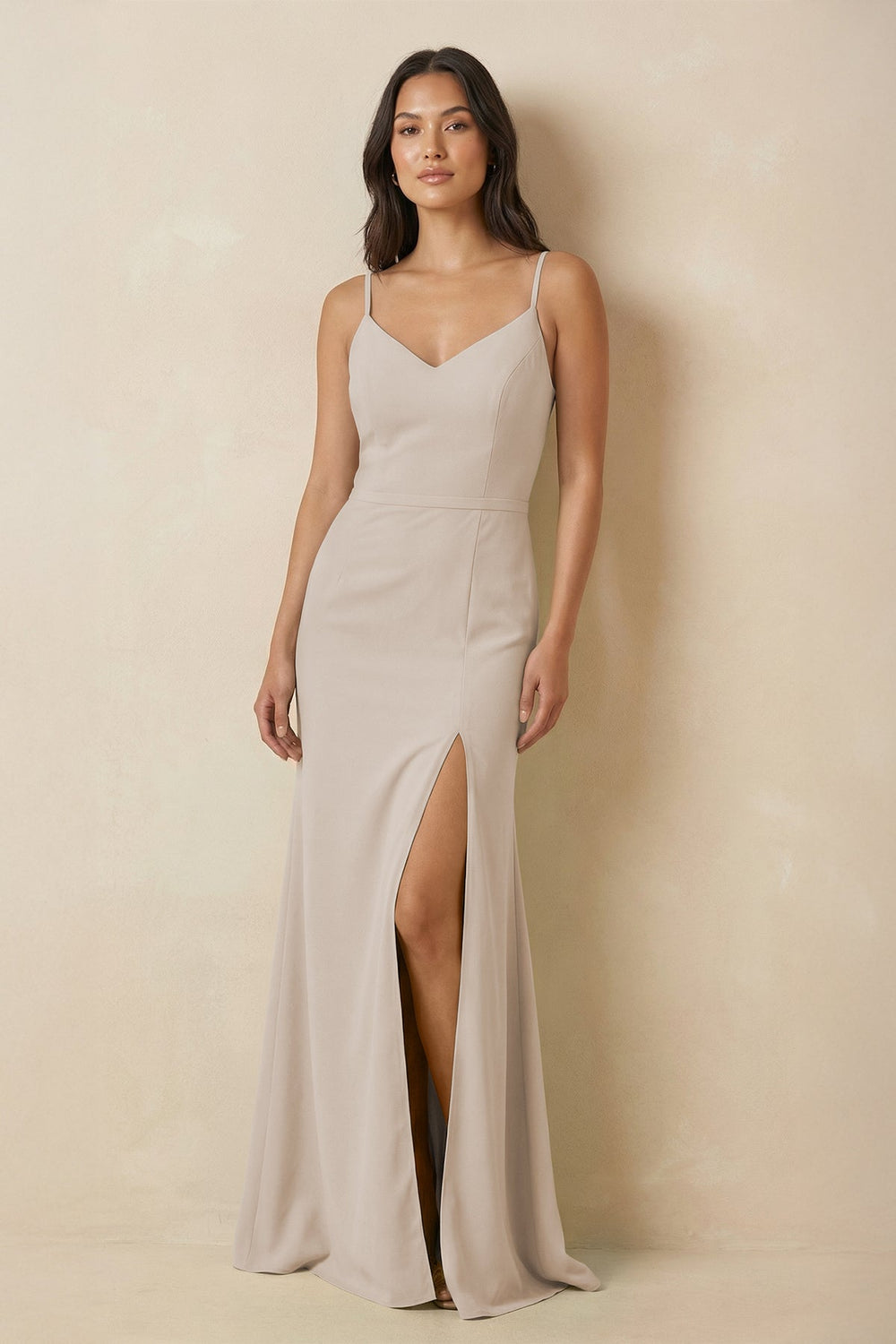 Sheath Cami Strap Chiffon Bridesmaid Dress with Slit in Frost - SHE IS ME Bridesmaid Dresses