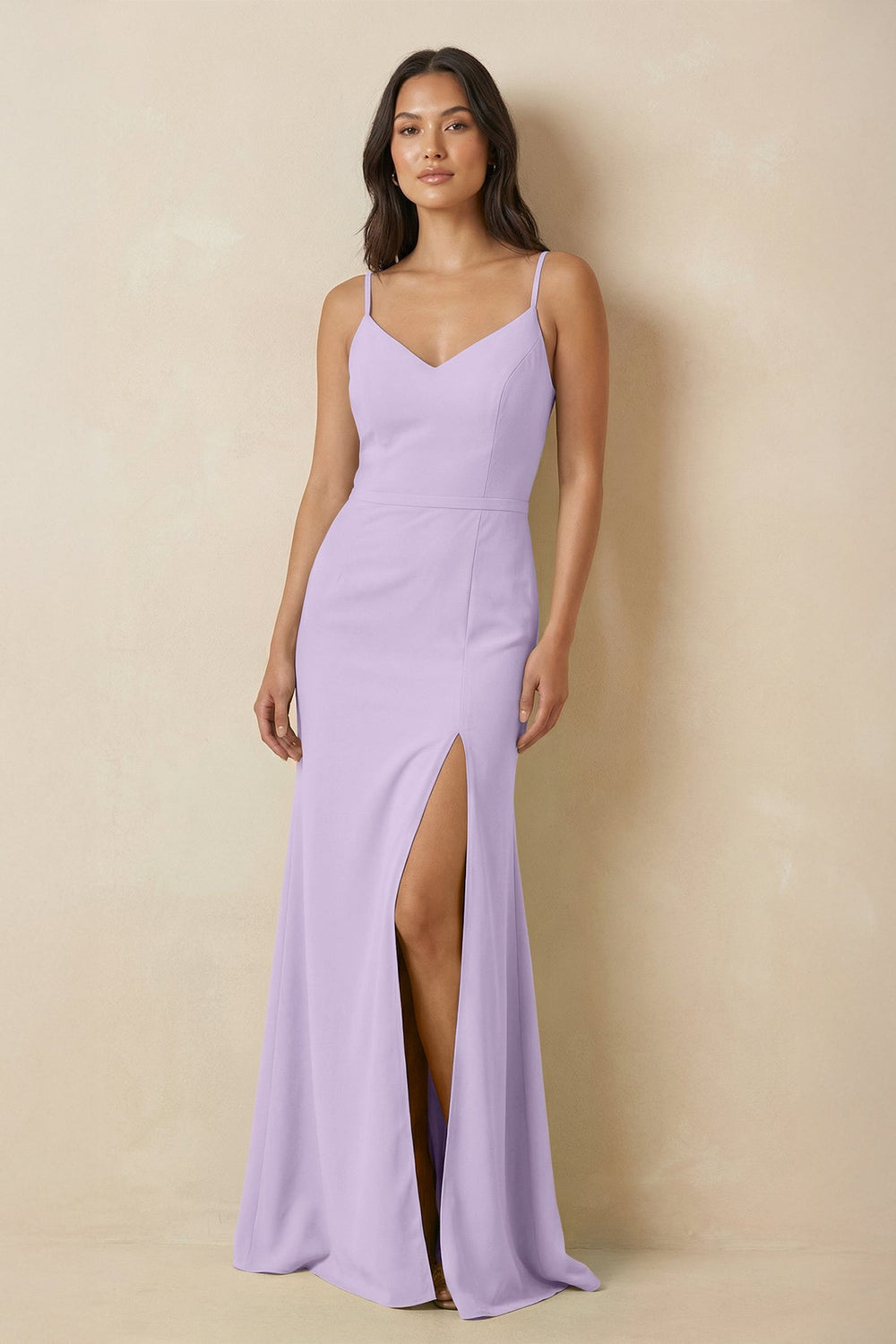 Sheath Cami Strap Chiffon Bridesmaid Dress with Slit in Lavender - SHE IS ME Bridesmaid Dresses