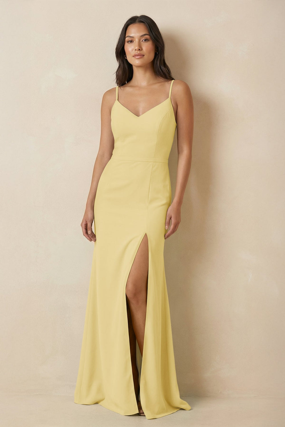 Sheath Cami Strap Chiffon Bridesmaid Dress with Slit in Pastel Yellow - SHE IS ME Bridesmaid Dresses