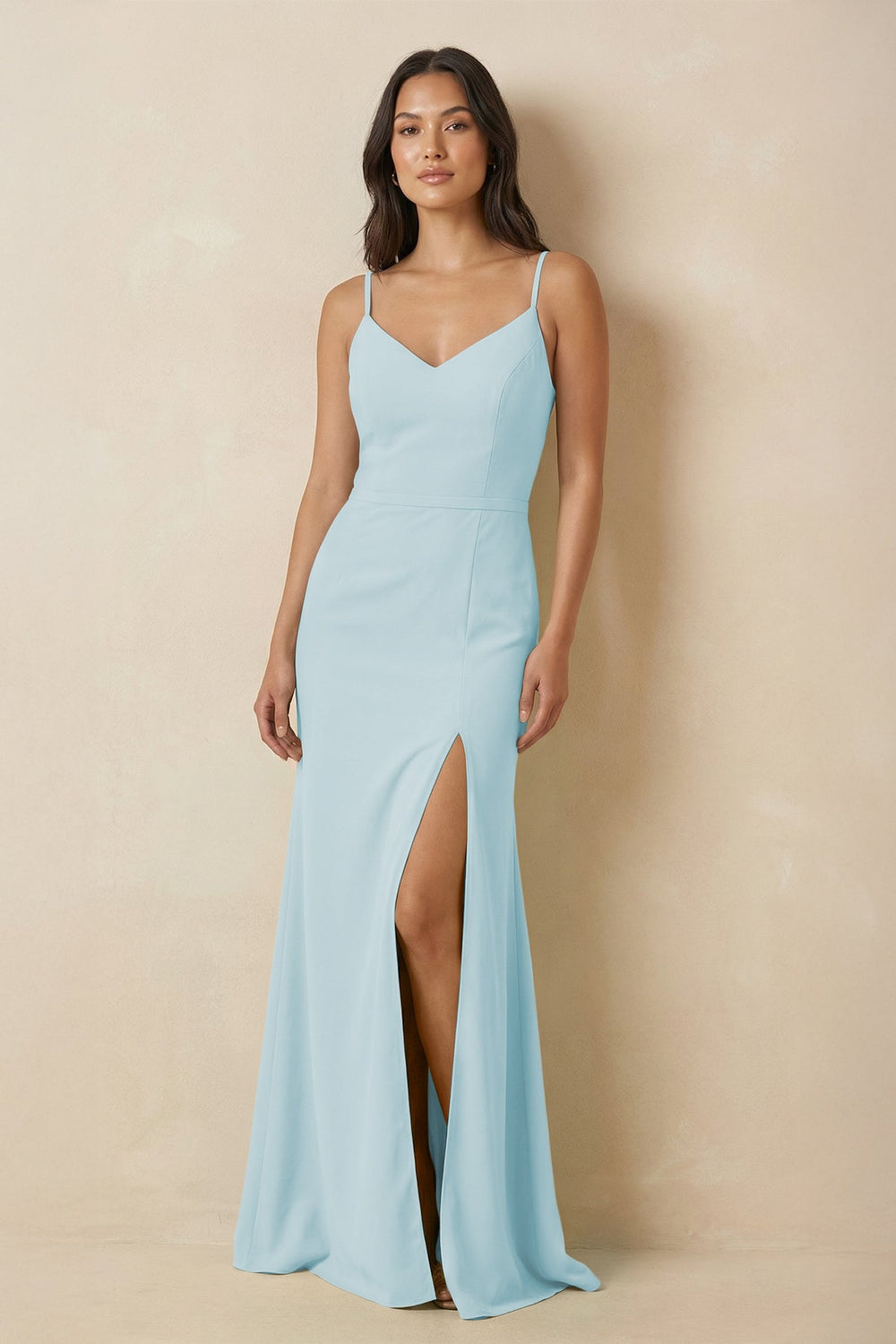 Sheath Cami Strap Chiffon Bridesmaid Dress with Slit in Sky Blue - SHE IS ME Bridesmaid Dresses