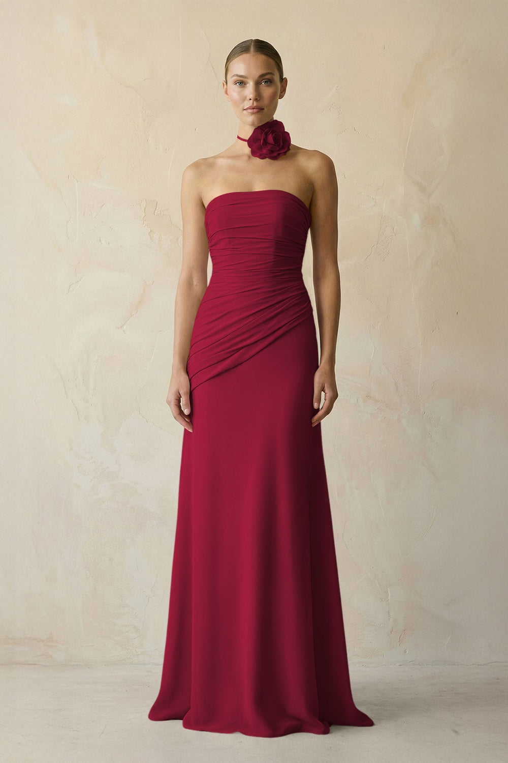 Sheath Chiffon Strapless Pleated Bridesmaid Dress in Berry - SHE IS ME Bridesmaid Dresses