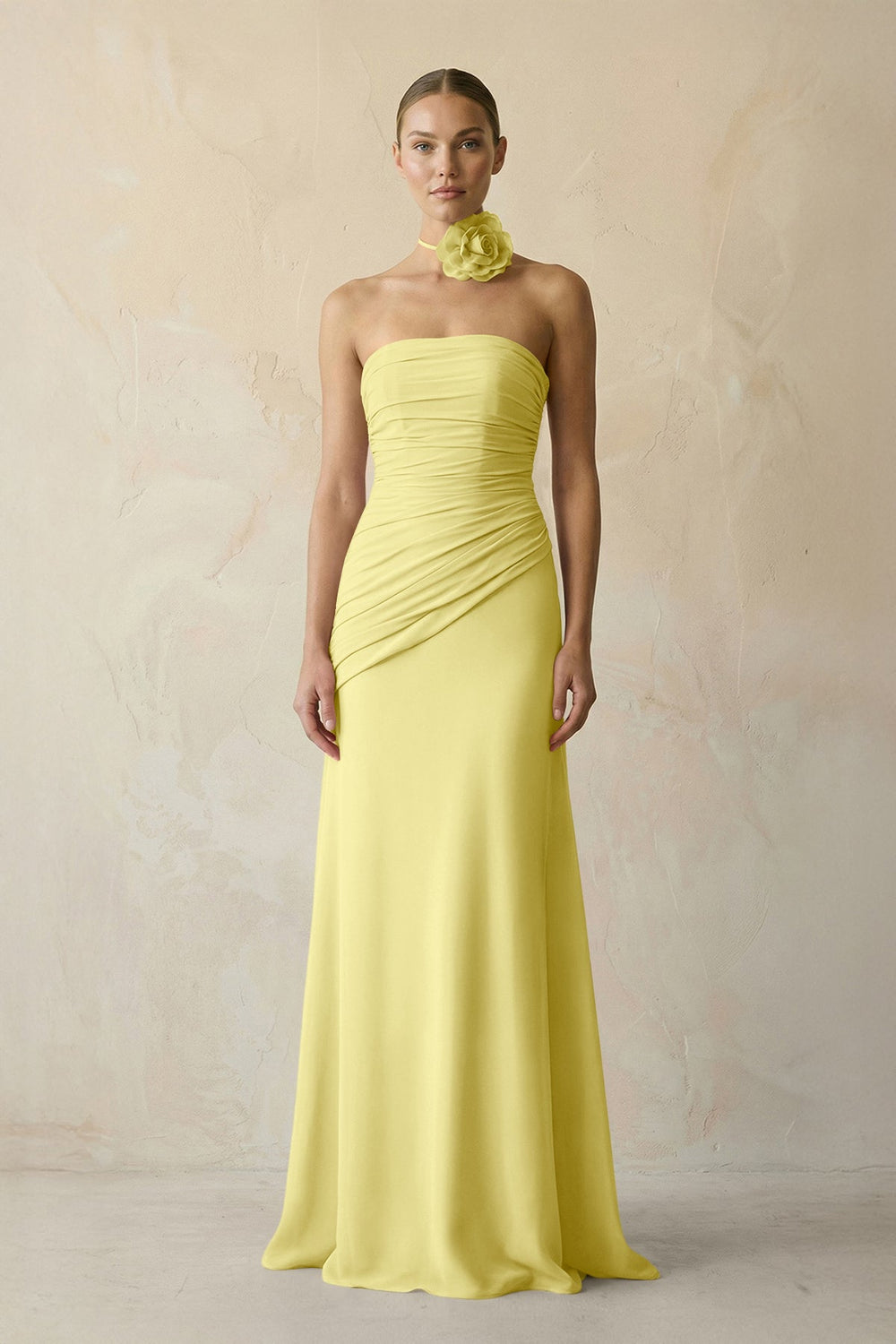 Sheath Chiffon Strapless Pleated Bridesmaid Dress in Buttercup - SHE IS ME Bridesmaid Dresses