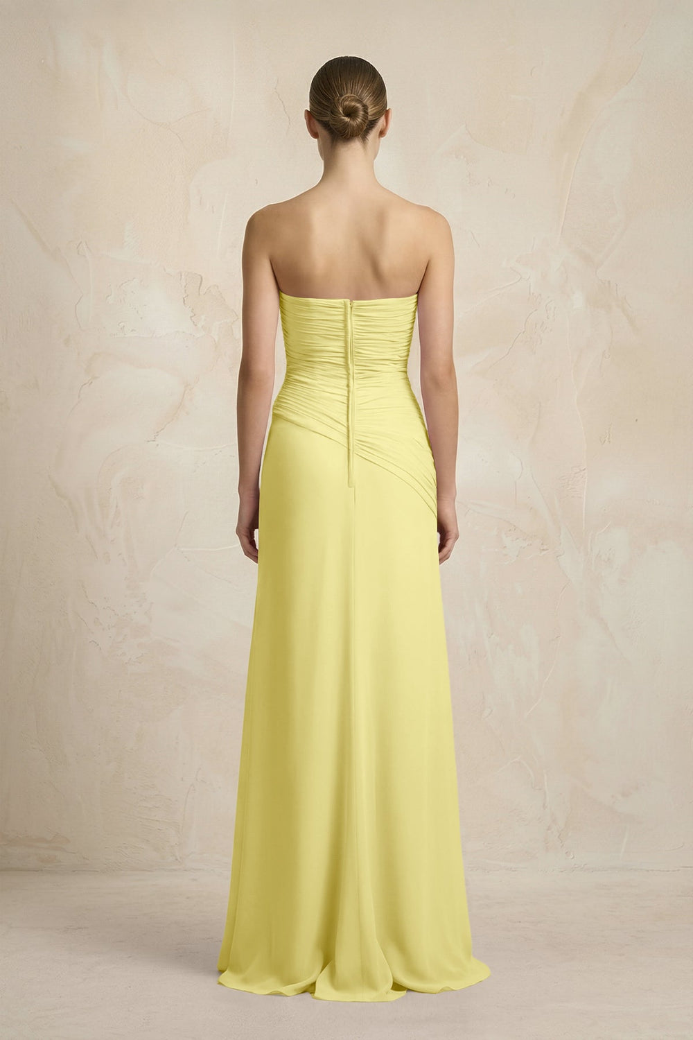 Sheath Chiffon Strapless Pleated Bridesmaid Dress in Buttercup - SHE IS ME Bridesmaid Dresses