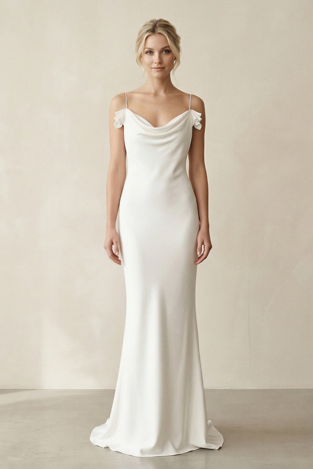 Sheath Cowl Neck Satin Maxi Wedding Dress in White - SHE IS ME Wedding Dresses