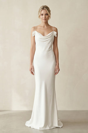 Sheath Cowl Neck Satin Maxi Wedding Dress in White - SHE IS ME Wedding Dresses